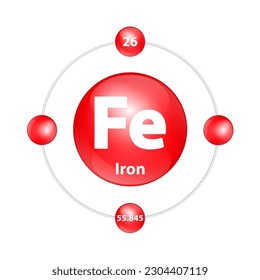 Iron (Fe) Icon structure chemical element round shape circle light red with surround ring. 3D Illustration vector. Period number shows of energy levels of electron. Study science for education