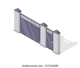 Iron fence with brick columns isolated on white. Gate with wicket in flat style design. Isometric projection. Metal gates, wrought iron, lattice gates and fences for yard. Vector illustration