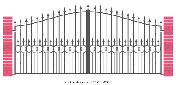Iron fence with bricks. Isolated on white background.