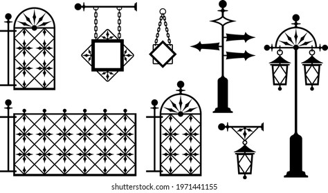 Iron fence with gates, signboards, lanterns and pointers. Metal entrance, street lights and signs in vintage style. Sophisticated and beautiful forged design elements. Isolated silhouette. Vector