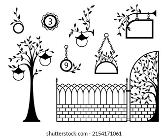 Iron fence with gates, signboards, pointers and lanterns. Metal entrance, street lights and signs in vintage style. Sophisticated, beautiful forged design elements. Isolated black silhouette. Vector