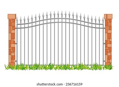 Iron fence with grass and a brick wall on white background. Vector illustration.