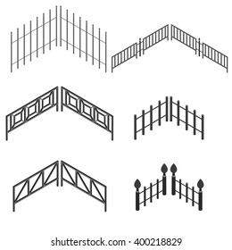 Iron fence in isometric. The Set of metal urban decorative elements. Vector illustration. Isolated on white background.