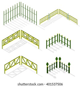 Iron fence with shadow in isometric. The metal green and yellow  urban decorative elements. Vector illustration. Isolated on white background.