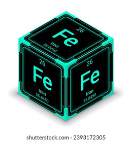 Iron (Ferrum) (Fe) (026) - Fundamental Element Futuristic Cybernetic Cube Block Isometric View, Icon Isolated White Background, Periodic Table, Chemical Symbol, Name, Atomic Mass, Atomic Number