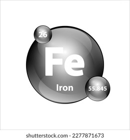 Iron, Ferrum (Fe) chemical element Icon structure round shape circle grey, silver, black easily. Periodic table Sign with atomic number. Study in science for education. 3D Illustration vector.