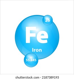 Iron, Ferrum (Fe) icon structure chemical element round shape circle light blue. Chemical element of periodic table Sign with atomic number. Study in science for education. 3D Illustration vector. 