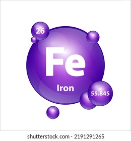 Iron, Ferrum (Fe) icon structure  chemical element round shape circle purple. 3D Illustration vector. Chemical element of periodic table Sign with atomic number. Study in science for education. 