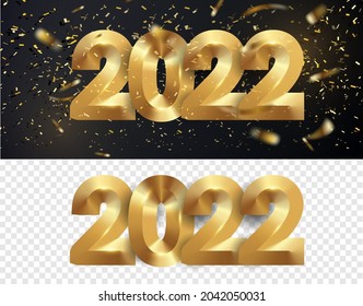 Iron figures happy new year 2022! Elegant golden text. Vector illustration of a greeting with golden numbers and fireworks. Party poster, banner or invitation, golden sparkling confetti. Christmas.