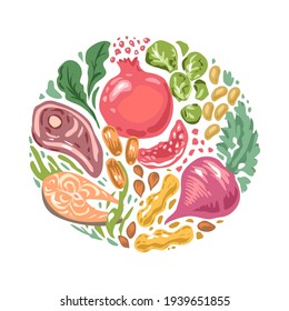 Iron food sources. Meat, Fish, Seaweed, Peanuts, pomegranate, dates, spinach, beetroot, brussels sprouts. Vector illustration of iron rich products. Circle print. Fruit and vegetables set.
