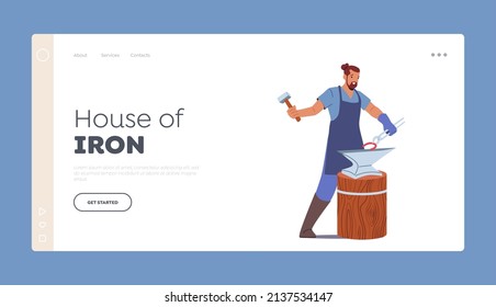 Iron Forgery Craftsmanship Landing Page Template. Blacksmith Male Character Makes Horseshoe with Instruments on Anvil. Craftsman Professional Master Work with Metal. Cartoon People Vector Illustration