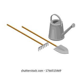 Iron Gardening Tools and Equipment with Watering Can and Shovel Vector Isometric Illustration