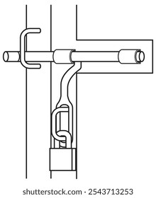 Iron gate lacth in locked position with padlock. Illustration in outine and vector format.