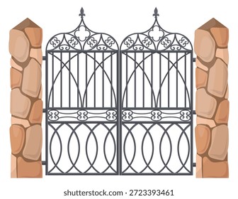 Iron gate on stone border. Wrought ornate decoration
