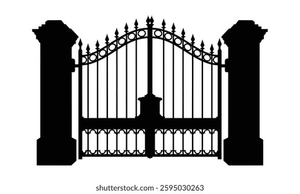 Iron gate vector illustration, icon style, detailed vector, monochrome design, minimalist design, isolated on a white background