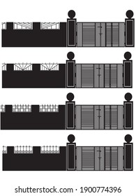 Iron gate vector silhouette with boundry wall grills trendy graphics design.