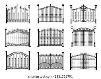 Iron gate, wrought metal fence, steel wrought door with ornate forgings. Vector antique garden or park entrance gates of black frames, grills and rails with forged ornaments, light poles and pillars