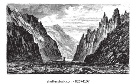 Puertas de hierro del río Danubio, entre Rumania y Serbia, durante la década de 1890, grabado vintage. Vieja ilustración de las puertas de hierro del Danubio. Enciclopedia Trousset (1886-1891).