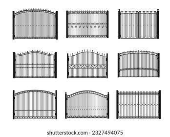 Iron gates, metal fences and steel wrought doors, vector entrance borders. Old ornate garden park architecture gates with forged rail pattern, metal fence with lattice, doorway with spike bars