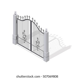 Iron gates opens and closes from the middle isolated on white. Fence with columns. Isometric projection. Metal gates, wrought iron, lattice and golden gates and fences for yard. Flat style. Vector