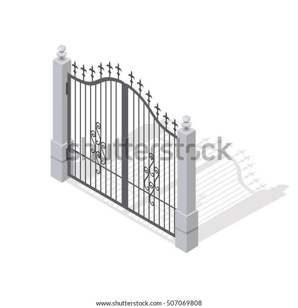 白い背景に鉄の門が中央から開閉します 柱のあるフェンス アイソメ投影 金属製の門 鍛鉄 格子 金の門 柵をヤード用に フラットスタイル ベクター画像 のベクター画像素材 ロイヤリティフリー