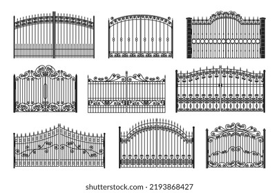 Iron gates, wrought gothic metal decorated steel fences, vector mansion entrance. Antique vintage architecture black facade grates in victorian classic style. Forged decorative objects with