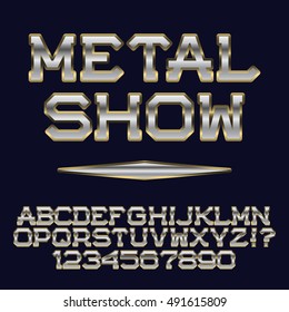 Iron gold letters and numbers. Club poster font. Isolated english alphabet with text Metal Show.