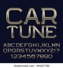 Iron gold letters and numbers. Metallic font. Isolated english alphabet with text Car Tune.