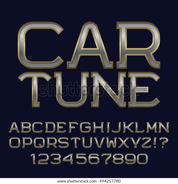 Iron gold letters and numbers.\
Metallic font. Isolated english alphabet with text Car\
Tune.