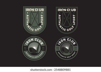 iron golf club crossed retro badge logo design set for golfer, golf club, professional team, sport and tournament. wedge golf stick crossed emblem illustration logo