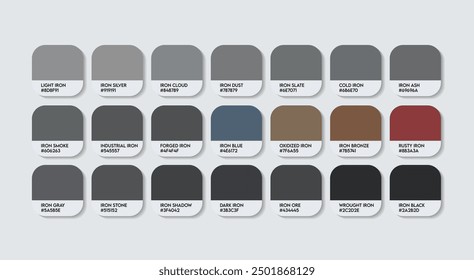 Paleta de color gris hierro, Guía de color gris hierro Paleta con nombres de color. Catálogo Muestras de colores de hierro con códigos RGB HEX. color de ceniza de lámina de revestimiento, paleta de colores de cemento de moda