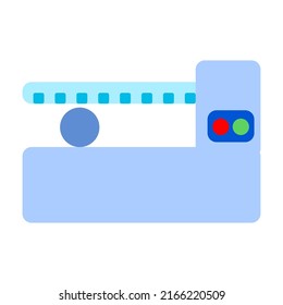 Iron hacksaw machine flat icon in blue color. Used for symbol manufacturing, machining, mechanical engineering, metal working. vector