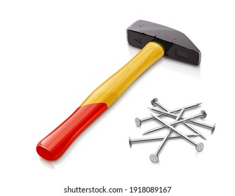 Iron Hammer with Wooden Handle and nails. Instrument for Nail. Tool for hand work. Isolated on White Background. Eps10 vector illustration.