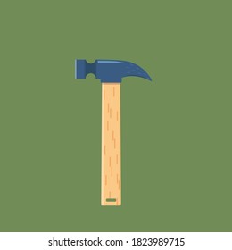 iron hammer with wooden handle on green background