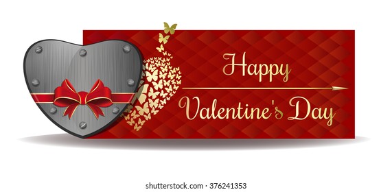 Iron heart tied with red ribbon on the background of a greeting card. Gold greeting inscription on an abstract red background. Happy Valentine's Day. Vector Valentine's Day banner.