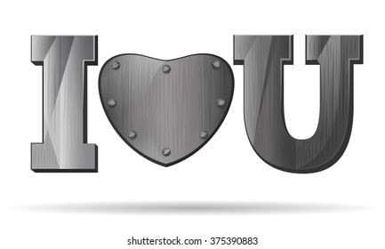Iron hearts for Valentine's Day. Abbreviation - I love you. I L U. Metal heart isolated on white background. Design elements for Valentine's Day. Vector illustration
