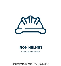 Icono de casco de hierro. Ilustración lineal vectorial a partir de herramientas y colección de máquinas. Esquema del vector de icono de casco de hierro. Símbolo de línea delgada para uso en aplicaciones web y móviles, logotipo, medios impresos.