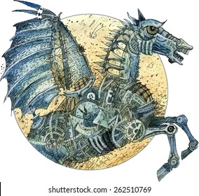 Iron horse in style steampunk. Hand drawn vector watercolor 