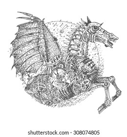 Iron horse in style steampunk. Hand drawn vector pen & ink drawing. Horse-robot. monochrome