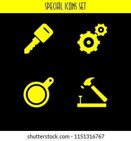 iron icon. 4 iron set with key, pan, gearwheels couple and hammer vector icons for web and mobile app