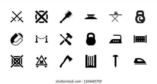 Iron icon. collection of 18 iron filled icons such as fence, nail, magnet, sword, axe, barbell, screwdriver, heating system, mace. editable iron icons for web and mobile.