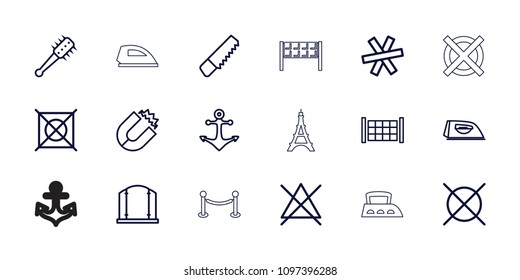 Iron icon. collection of 18 iron outline icons such as fence, gate, no bleaching, no dry cleaning, saw, magnet, anchor, mace. editable iron icons for web and mobile.