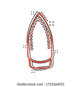 Iron icon in comic style. Laundry equipment cartoon vector illustration on white isolated background. Ironing splash effect business concept.