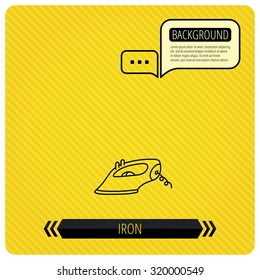 Iron icon. Ironing housework sign. Laundry service symbol. Chat speech bubbles. Orange line background. Vector