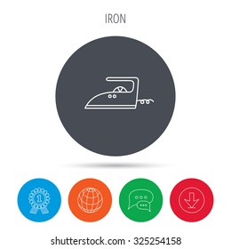 Iron icon. Ironing housework sign. Laundry service symbol. Globe, download and speech bubble buttons. Winner award symbol. Vector