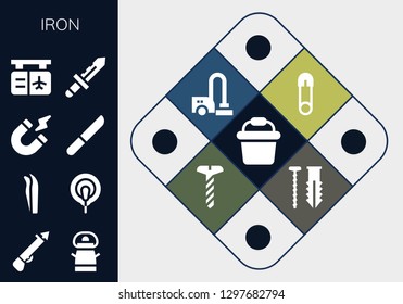  iron icon set. 13 filled iron icons. Simple modern icons about  - Bucket, Spear, Tweezers, Electrode, Magnetism, Knife, Gate, Safety pin, Vacuum cleaner, Screw