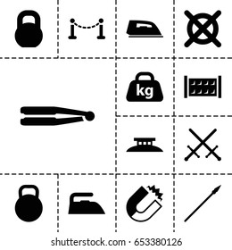 Iron icon. set of 13 filled ironicons such as fence, hair straightener, iron, no dry cleaning, barbell, weight, kettle, spear, wire fence, sword