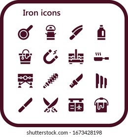 iron icon set. 16 filled iron icons.  Simple modern icons such as: Pan, Bucket, Knife, Detergent, Magnet, Sewing box, Frying pan, Guillotine, Mace, Knives, Saber, Gate