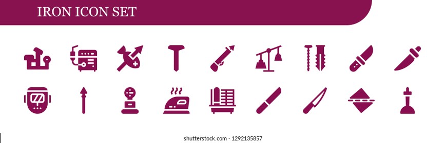  iron icon set. 18 filled iron icons. Simple modern icons about  - Bench press, Welder, Spear, Screw, Weights, Knife, Weight, Iron, Cage, Straighten, Excalibur