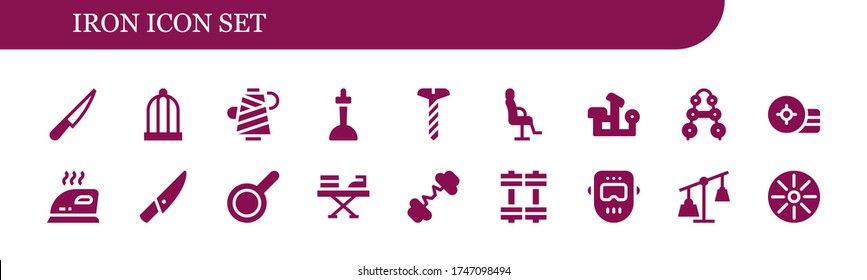 conjunto de iconos de hierro. 18 iconos de hierro rellenos.  Iconos modernos sencillos como: Cuchillo, jaula de pájaro, hilo, excalibur, tornillo, silla de salón, prensa en bancos, barbero, peso, hierro, pan, pesos, soldadura